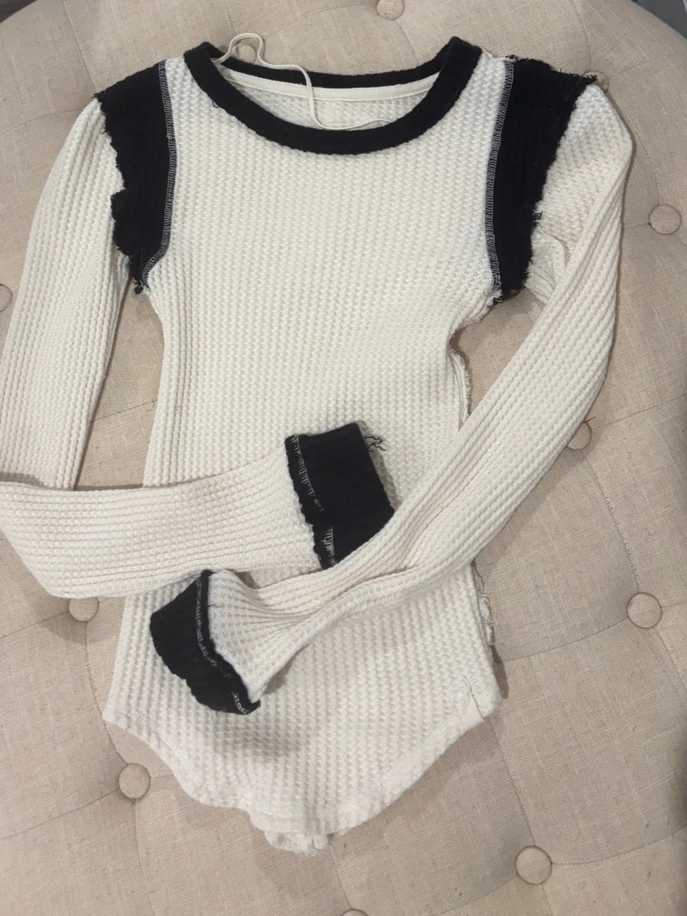 Free People Waffle-Knit Ava Ringer long sleeve in Cream with Black Trim